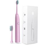 Rechargeable Electric Smart Toothbrush with 5 Vibration Mode and 2 minutes Automatic Timing Setting for Sensitive Gum, 2 shape brush head Adult Oral Care Kit (PINK)