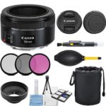 Canon EF 50mm f/1.8 STM Lens with 3pc Filter Kit (UV, CPL, FLD) + Deluxe Lens Pouch + Lens Hood + Deluxe Cleaning Kit + Lens Accessory Bundle – International Version