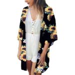 Women’s Floral Print Sheer Chiffon Loose Kimono Cardigan Capes Black