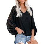 Women’s Tops Casual Loose Shirt Balloon Sleeve V-Neck Solid Blouse Top Black
