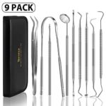 Dental Pick Tools, Terresa 9 Pack Professional Stainless Steel Dental Scaler Hygiene Kit, Plaque Calculus Remover and Dentist-Approved Tooth Picks Set Use for Personal or Pet Oral Care