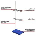 Laboratory Grade Metalware Set – Support Stand (8″ x 5″), 12mm Dia. Rod (24″ L), Cork Lined Burette Clamp with Boss Head and Retort Ring (2.5″ Dia)