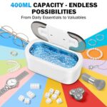 Raugbeyvo Ultrasonic Jewelry Cleaner, 48KHz Ultrasonic Cleaner for Eyeglasses Rings Watch Band Necklace Earring, Multi Deep Clean Modes 400ML, White